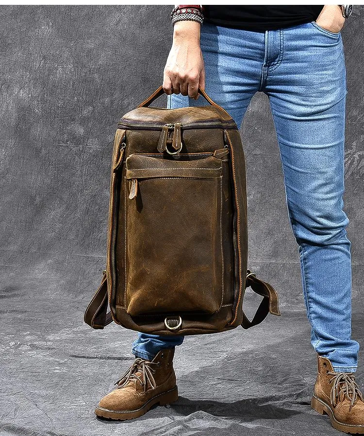 Brown Leather Mens 15" Laptop Backpack Hiking Backpack Travel Backpack Crossbody Bag for Men