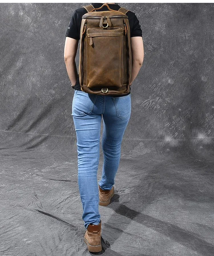 Brown Leather Mens 15" Laptop Backpack Hiking Backpack Travel Backpack Crossbody Bag for Men