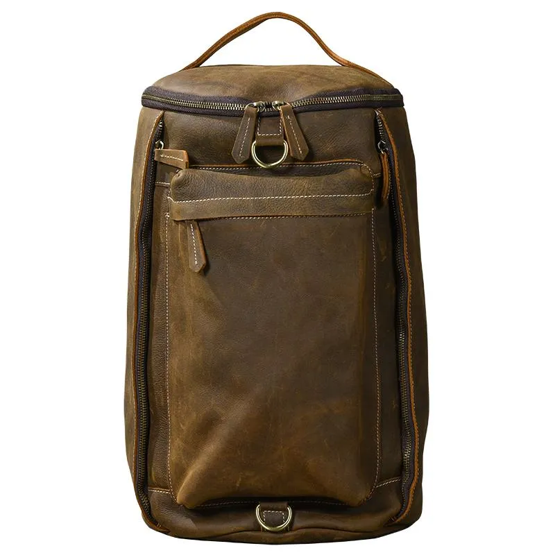 Brown Leather Mens 15" Laptop Backpack Hiking Backpack Travel Backpack Crossbody Bag for Men