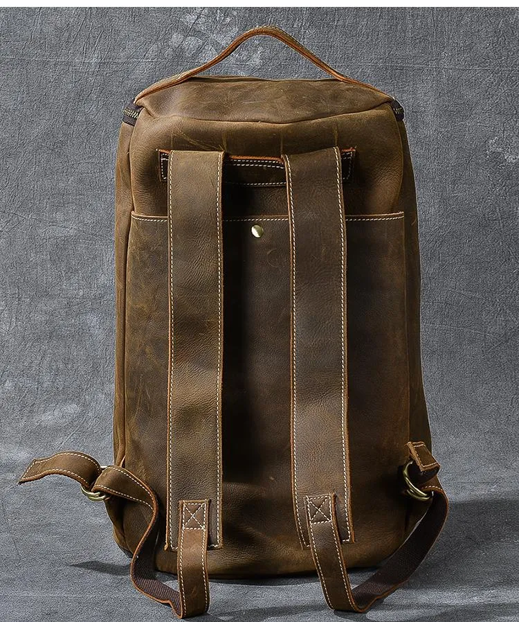 Brown Leather Mens 15" Laptop Backpack Hiking Backpack Travel Backpack Crossbody Bag for Men