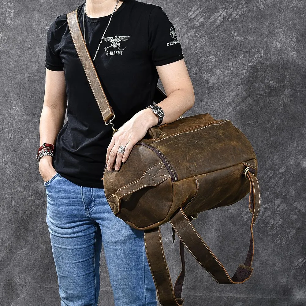 Brown Leather Mens 15" Laptop Backpack Hiking Backpack Travel Backpack Crossbody Bag for Men