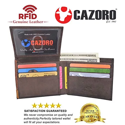 Cazoro RFID Blocking Bifold Wallet Passcase Genuine Leather and Flip Up ID Mens Wallets