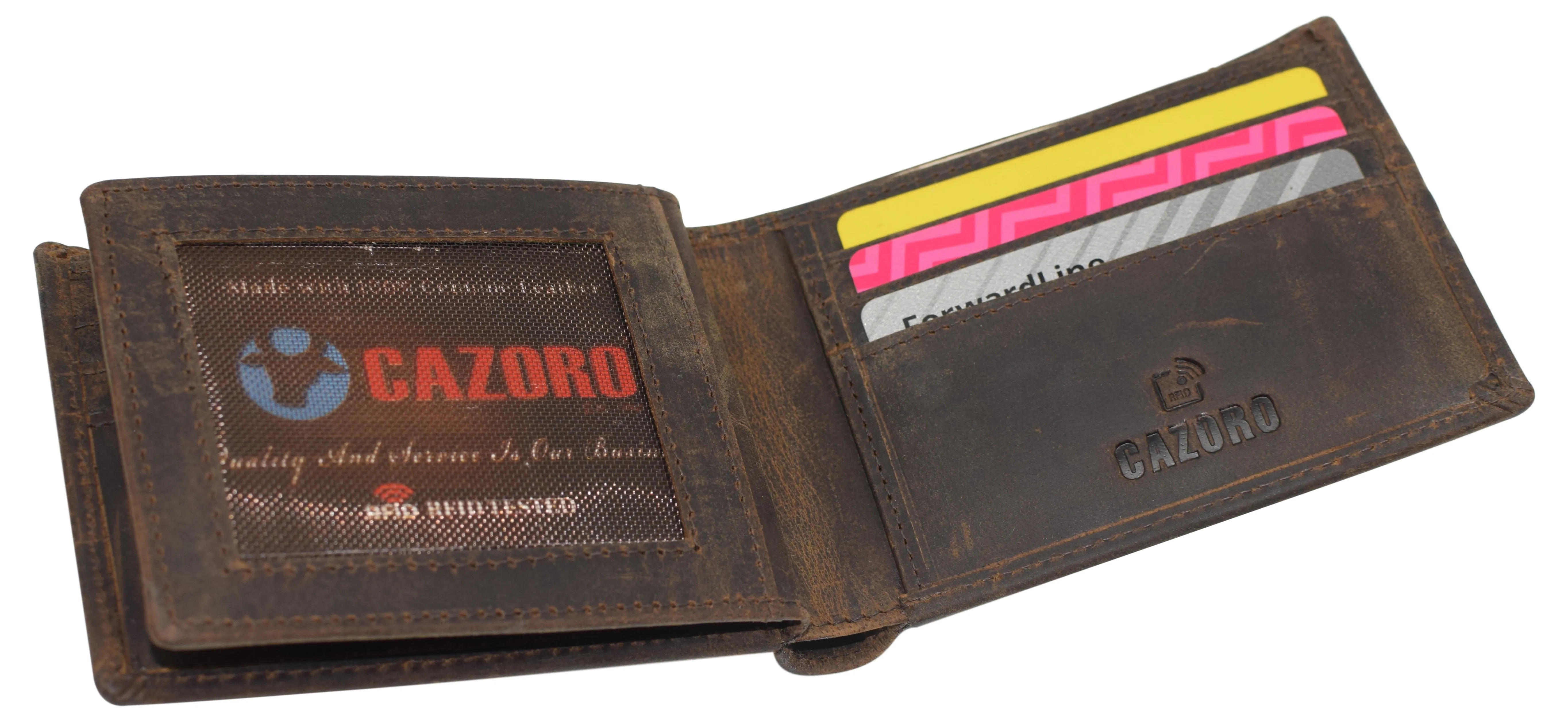 CAZORO RFID Blocking Men's Handmade Vintage Distressed Genuine Leather Bifold ID Window Wallet for Men