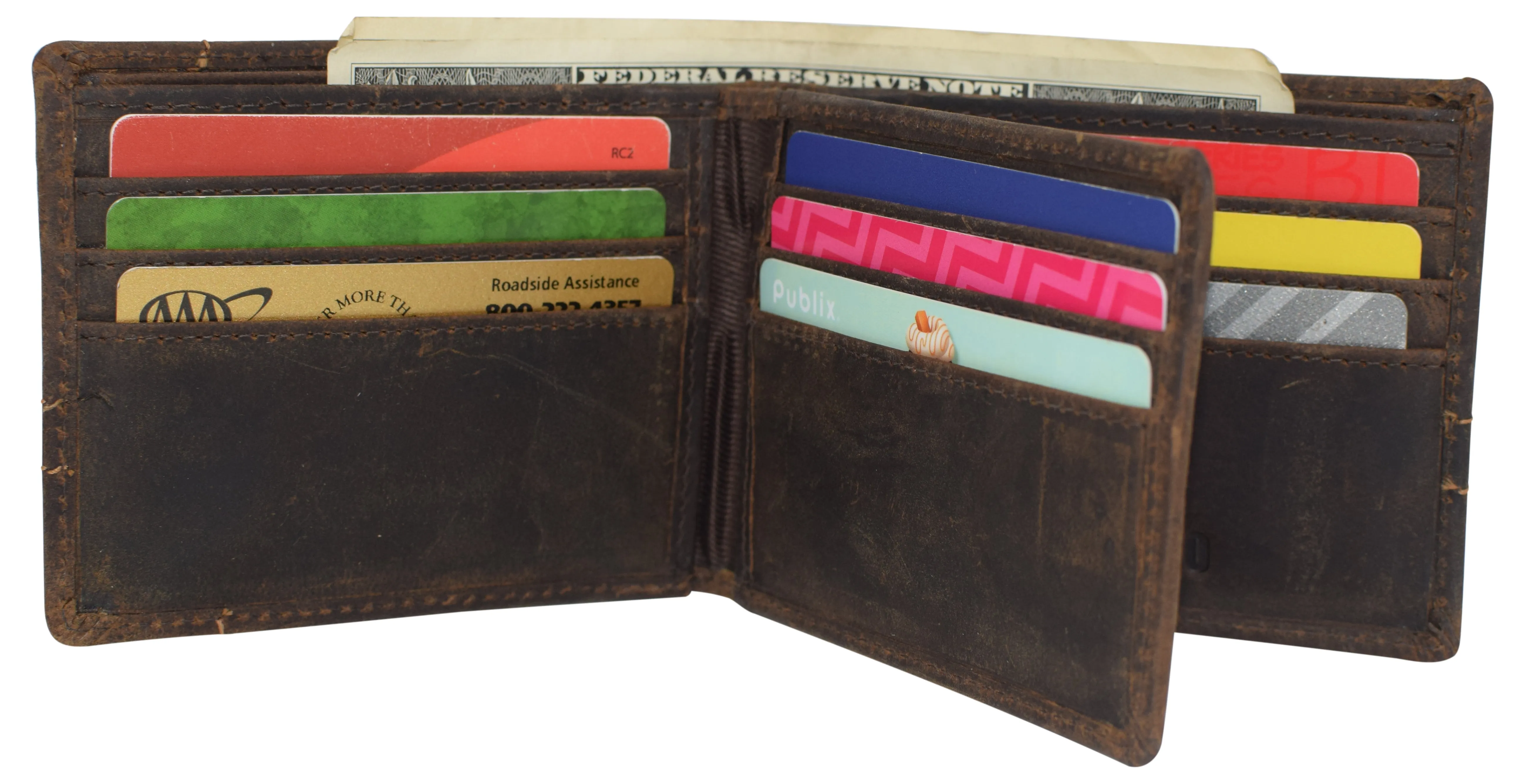 CAZORO RFID Blocking Men's Handmade Vintage Distressed Genuine Leather Bifold ID Window Wallet for Men