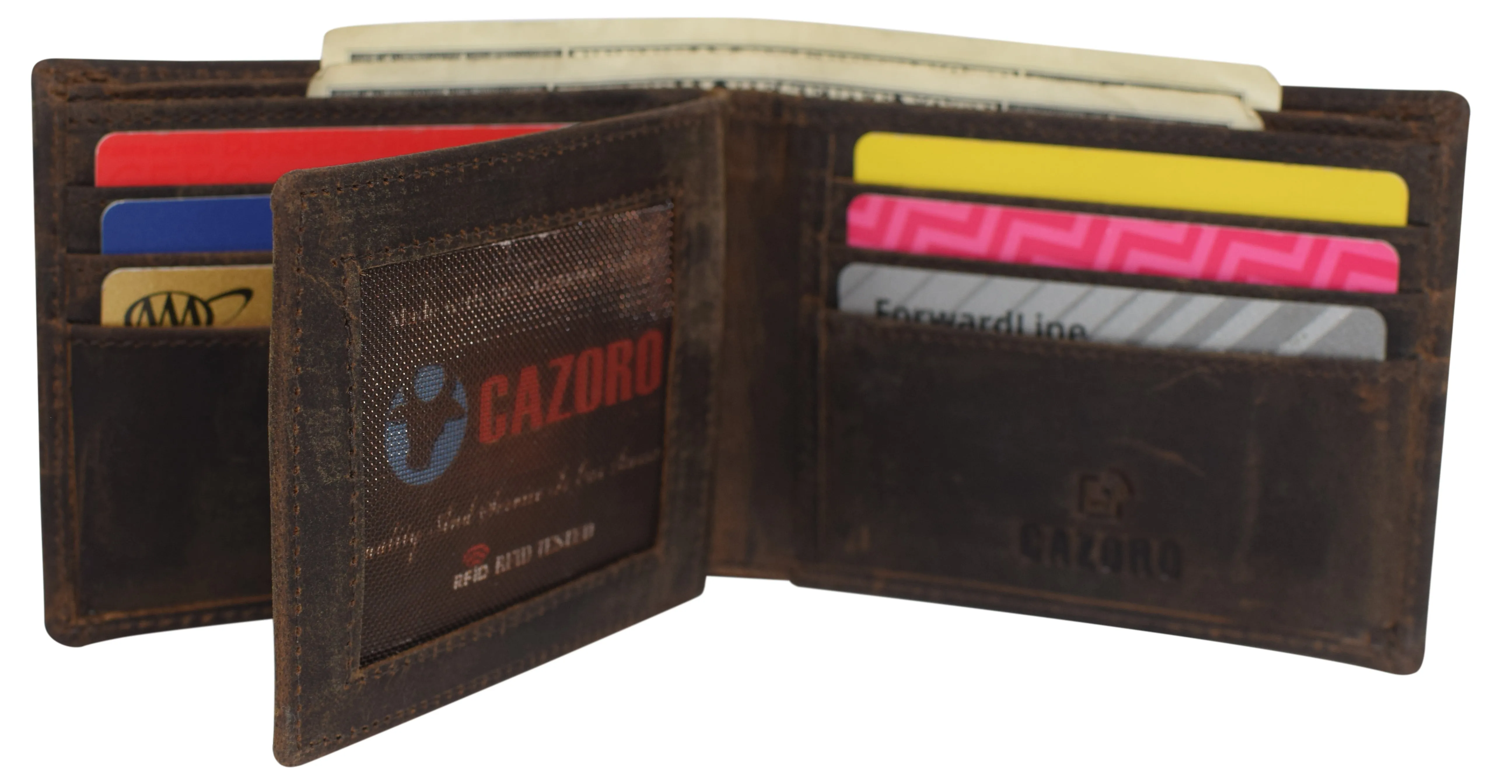 CAZORO RFID Blocking Men's Handmade Vintage Distressed Genuine Leather Bifold ID Window Wallet for Men