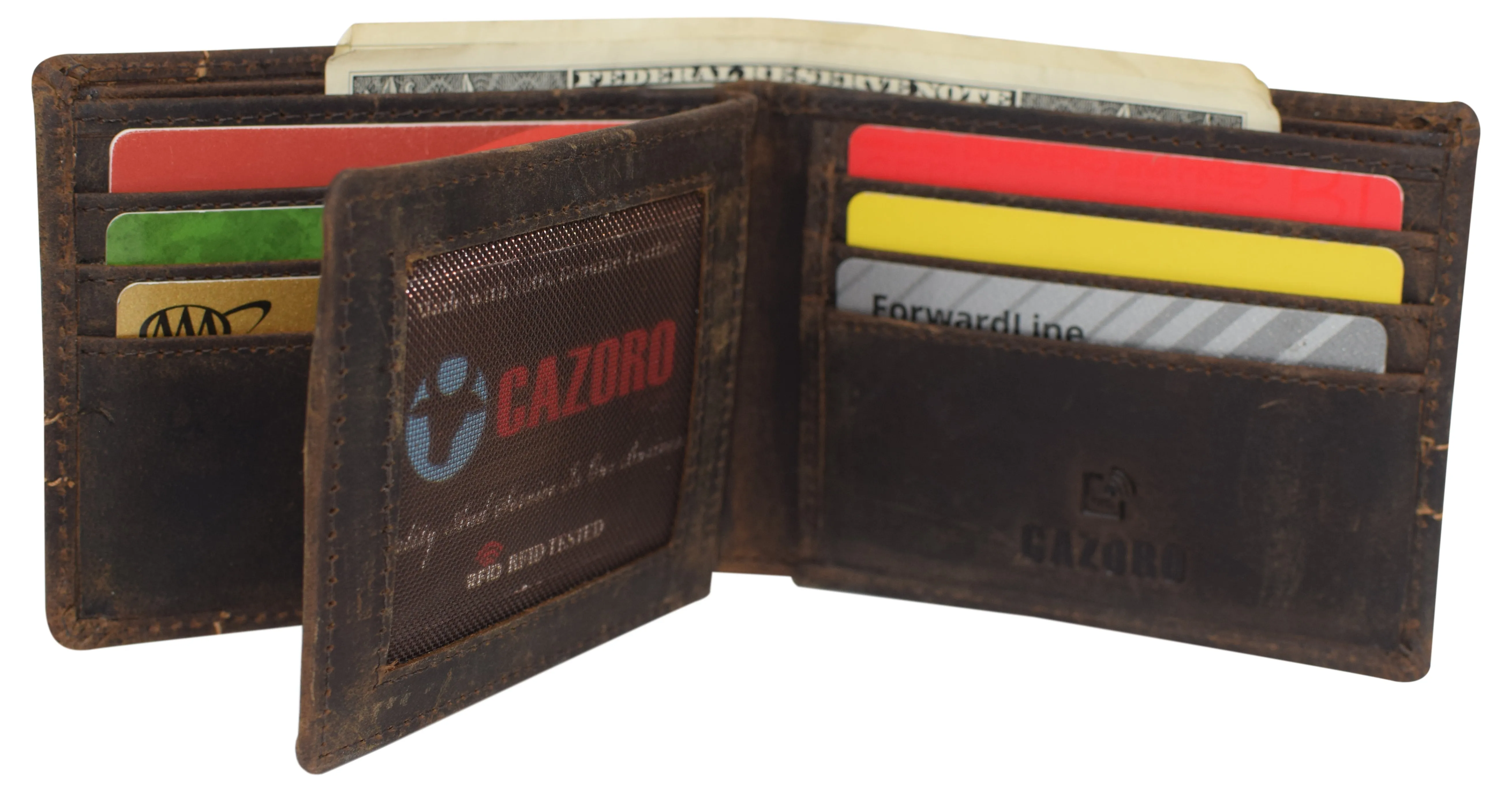 CAZORO RFID Blocking Men's Handmade Vintage Distressed Genuine Leather Bifold ID Window Wallet for Men