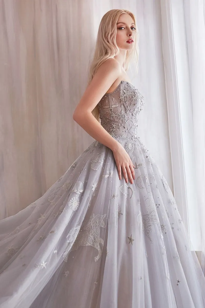 Celestial Constellation Strapless Sweetheart Evening Gown in Gray