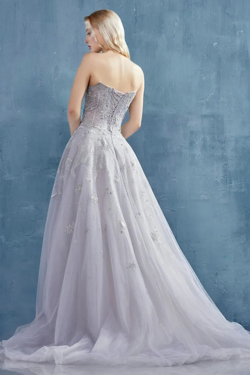 Celestial Constellation Strapless Sweetheart Evening Gown in Gray