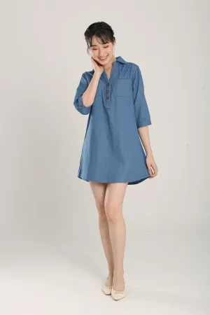 Ciely Collar Denim Shirt Dress in Mid Wash