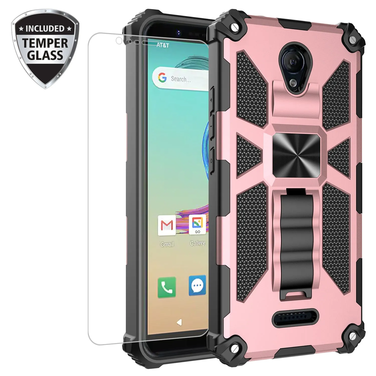 Cricket Icon 2 Case [Military Grade] Ring Car Mount Kickstand w/[Tempered Glass] Hybrid Hard PC Soft TPU Shockproof Protective Case - Rose Gold