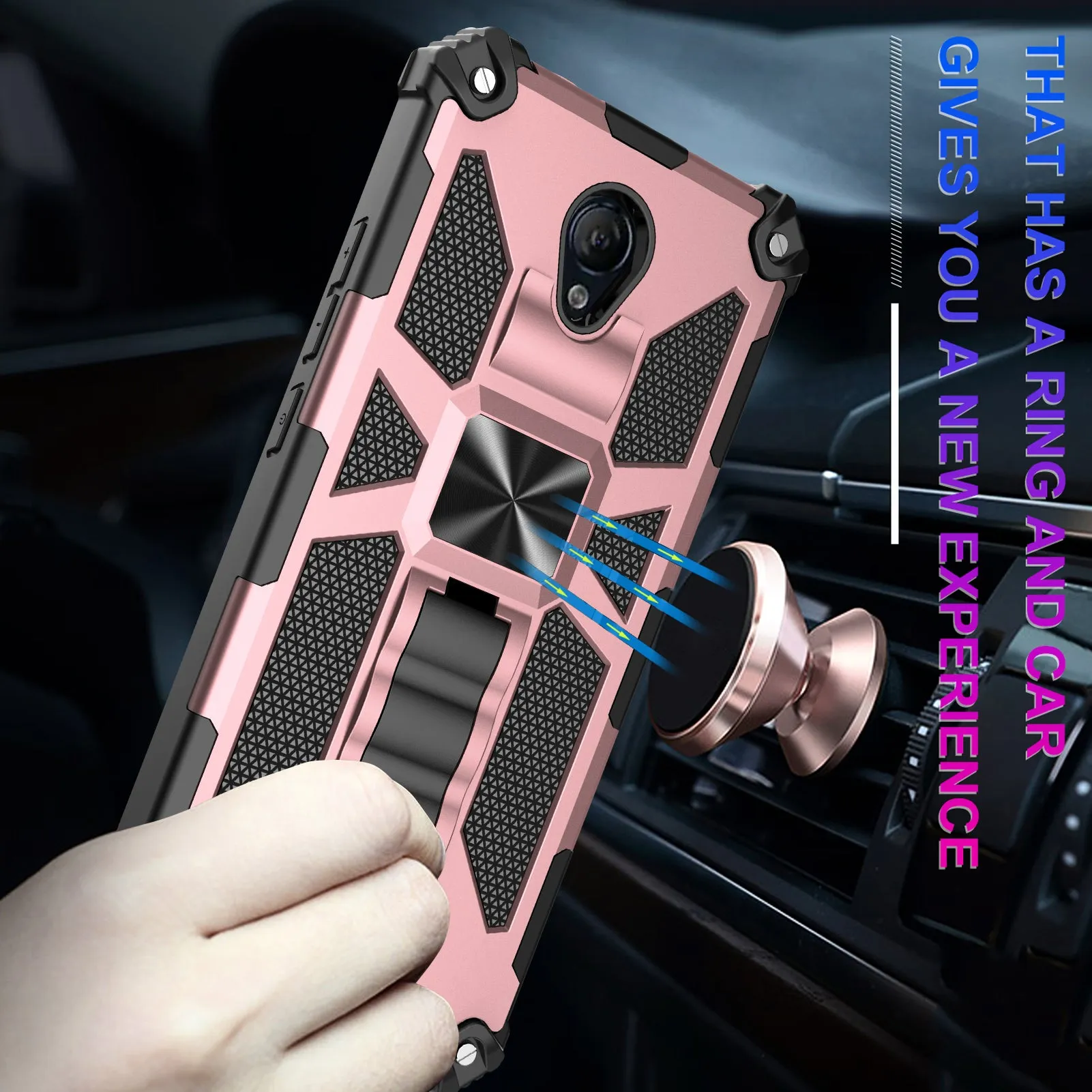 Cricket Icon 2 Case [Military Grade] Ring Car Mount Kickstand w/[Tempered Glass] Hybrid Hard PC Soft TPU Shockproof Protective Case - Rose Gold