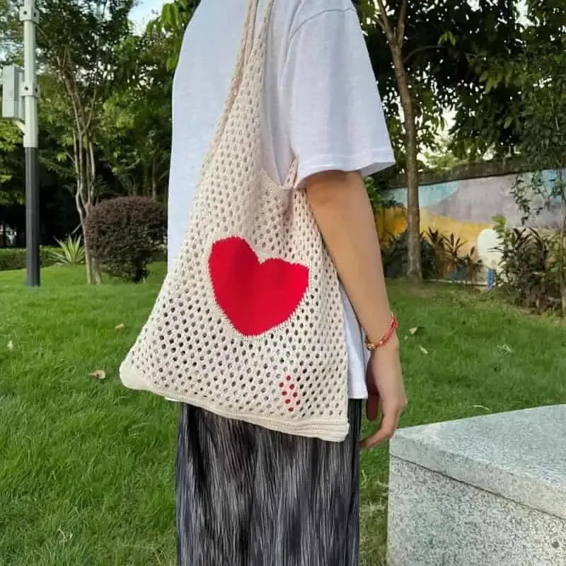 Crochet Heart Hollow Out Knitted Shoulder Bag