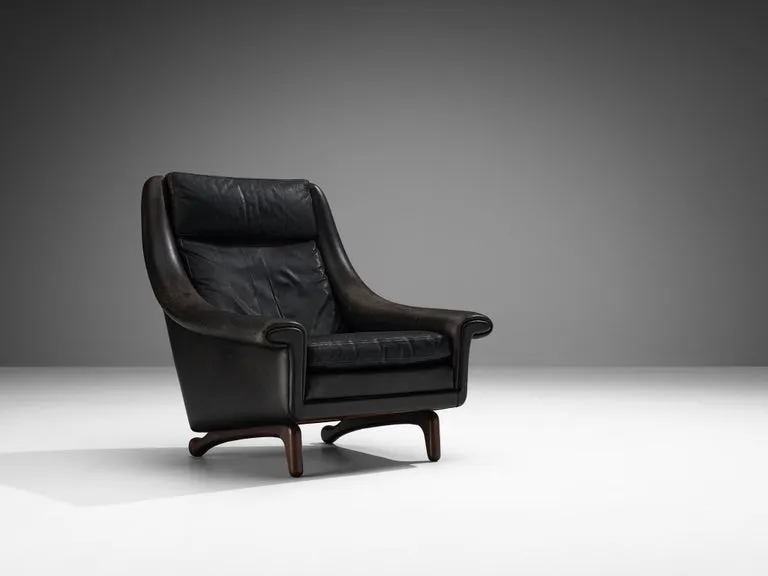 Danish Lounge Chair in Black Leather and Teak