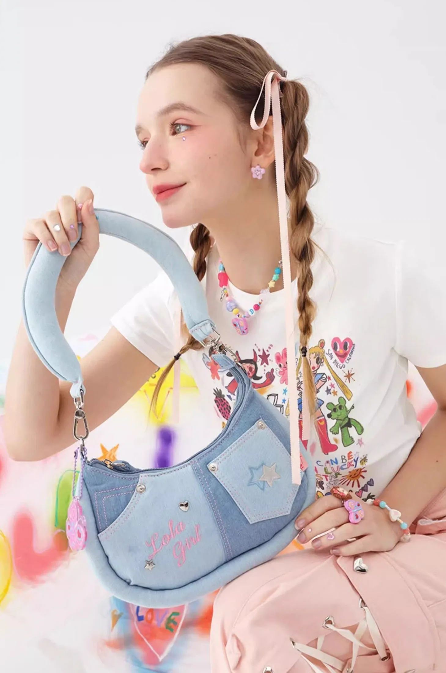 Denim Butterfly Pendant Underarm Messenger Bag