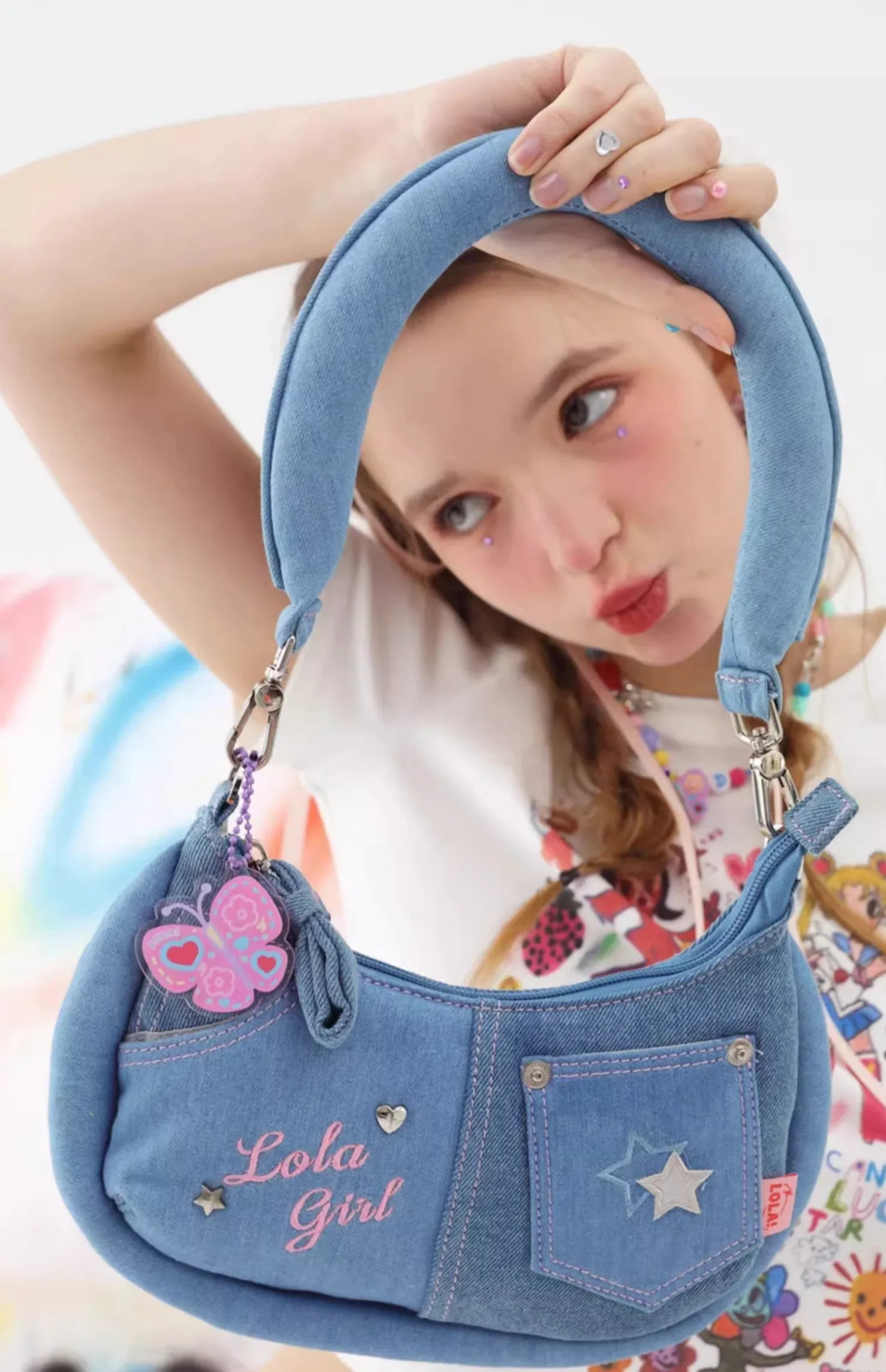 Denim Butterfly Pendant Underarm Messenger Bag