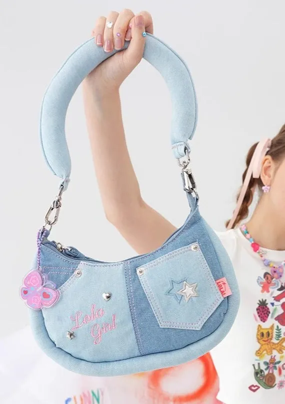 Denim Butterfly Pendant Underarm Messenger Bag