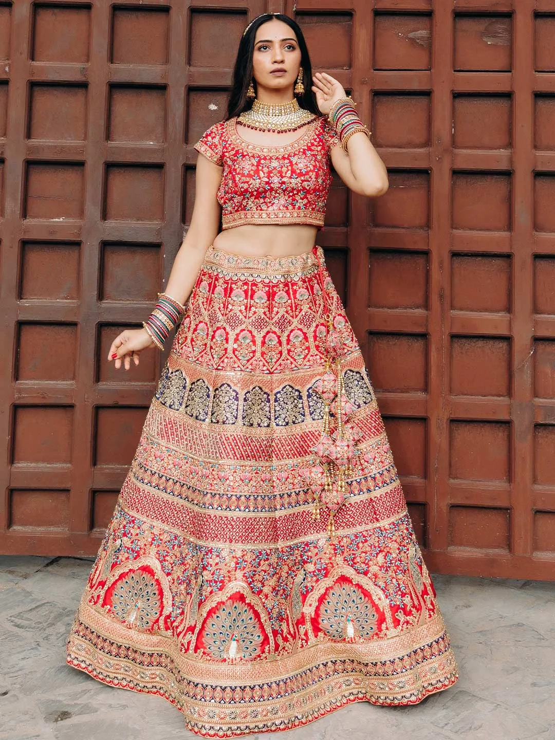 Dreamy Red Bridal Unstitched Designer Lehenga With Traditional Craftsmanship & Peacock Motifs