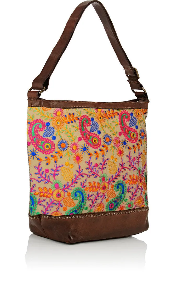 EMBROIDERED FABRIC LEATHER MIX TOTE BAG - FLORAL CONCEPT