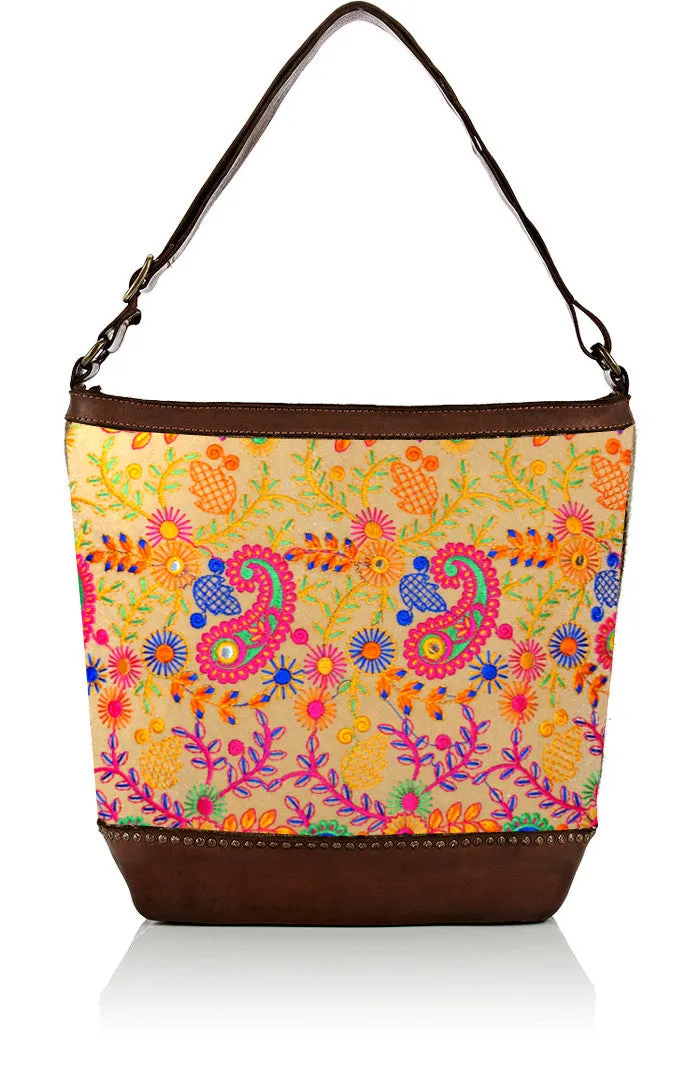 EMBROIDERED FABRIC LEATHER MIX TOTE BAG - FLORAL CONCEPT