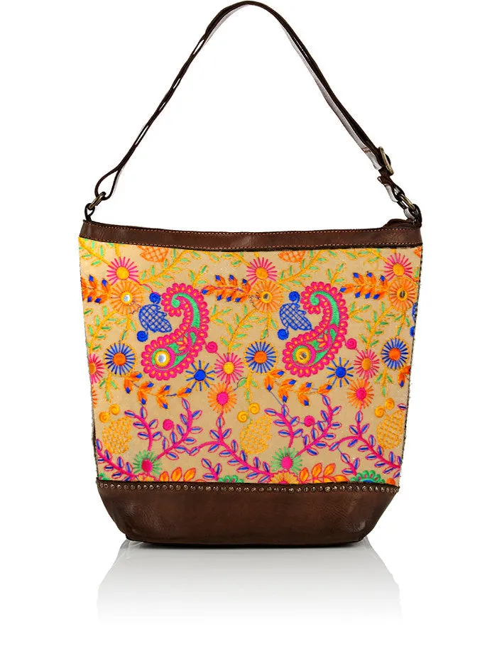 EMBROIDERED FABRIC LEATHER MIX TOTE BAG - FLORAL CONCEPT