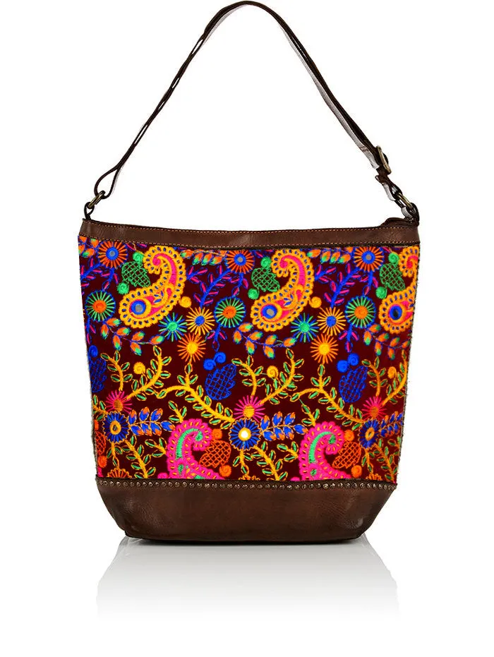 EMBROIDERED FABRIC LEATHER MIX TOTE BAG - FLORAL CONCEPT