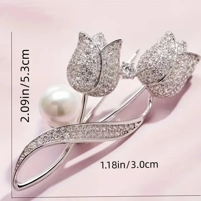 Exquisite Tulip-Shaped Faux Pearl Brooch Adorned with Artificial Diamond