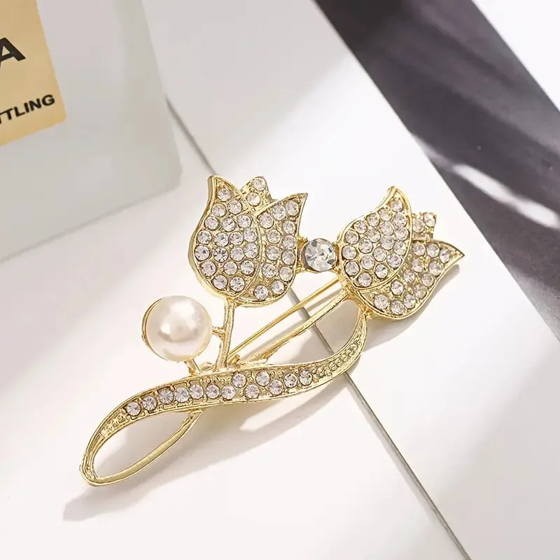 Exquisite Tulip-Shaped Faux Pearl Brooch Adorned with Artificial Diamond