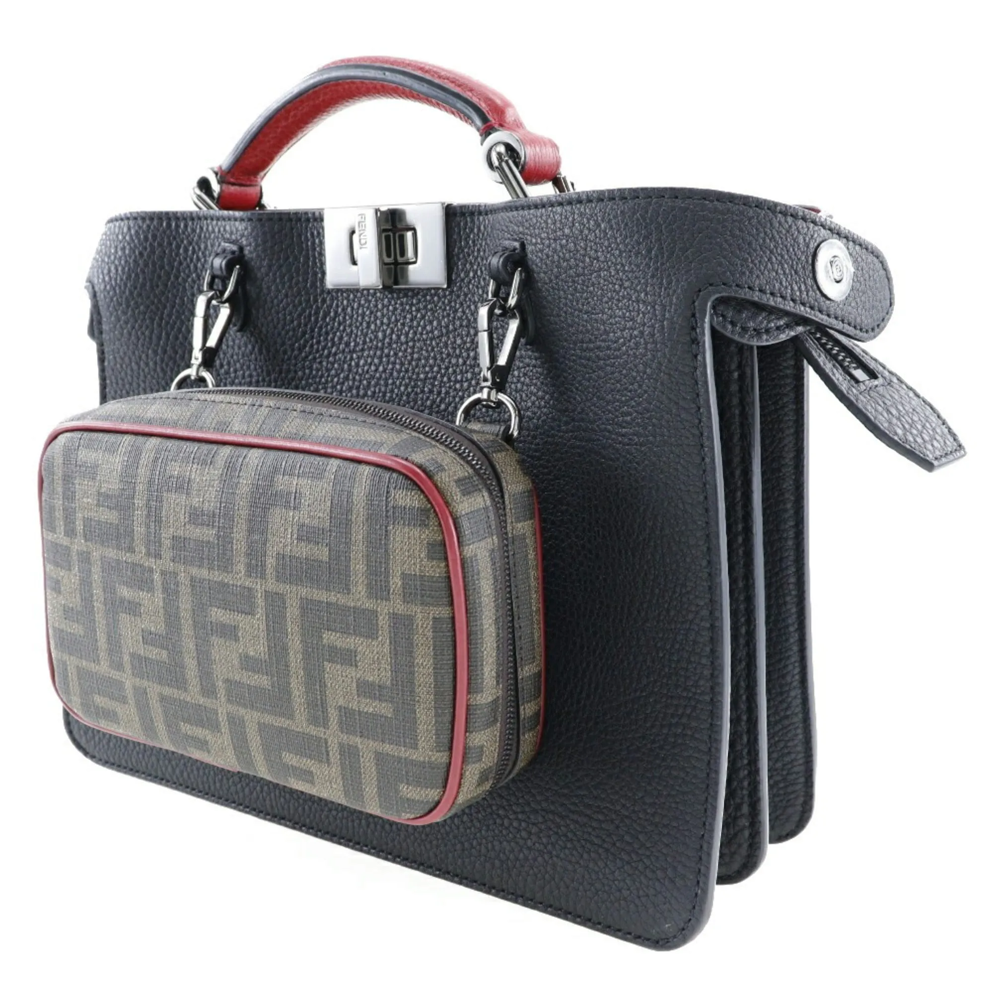 FENDI Peekaboo ISeeU Small Handbag Zucca 7VA530 Calf Made in Italy Black/Red Turnlock Women's