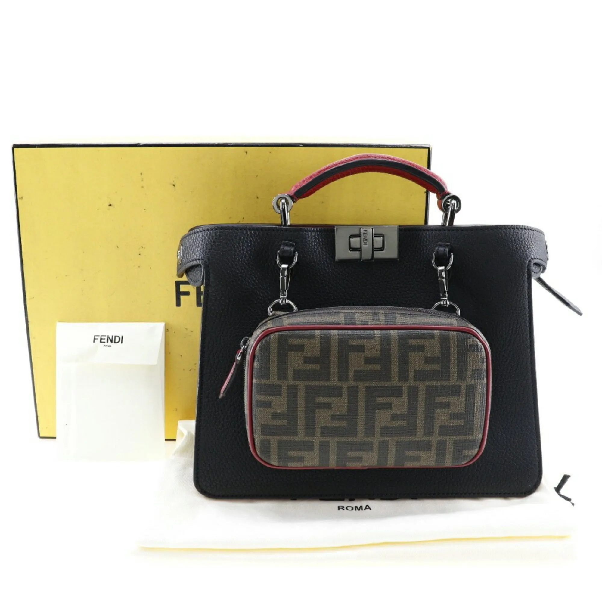 FENDI Peekaboo ISeeU Small Handbag Zucca 7VA530 Calf Made in Italy Black/Red Turnlock Women's