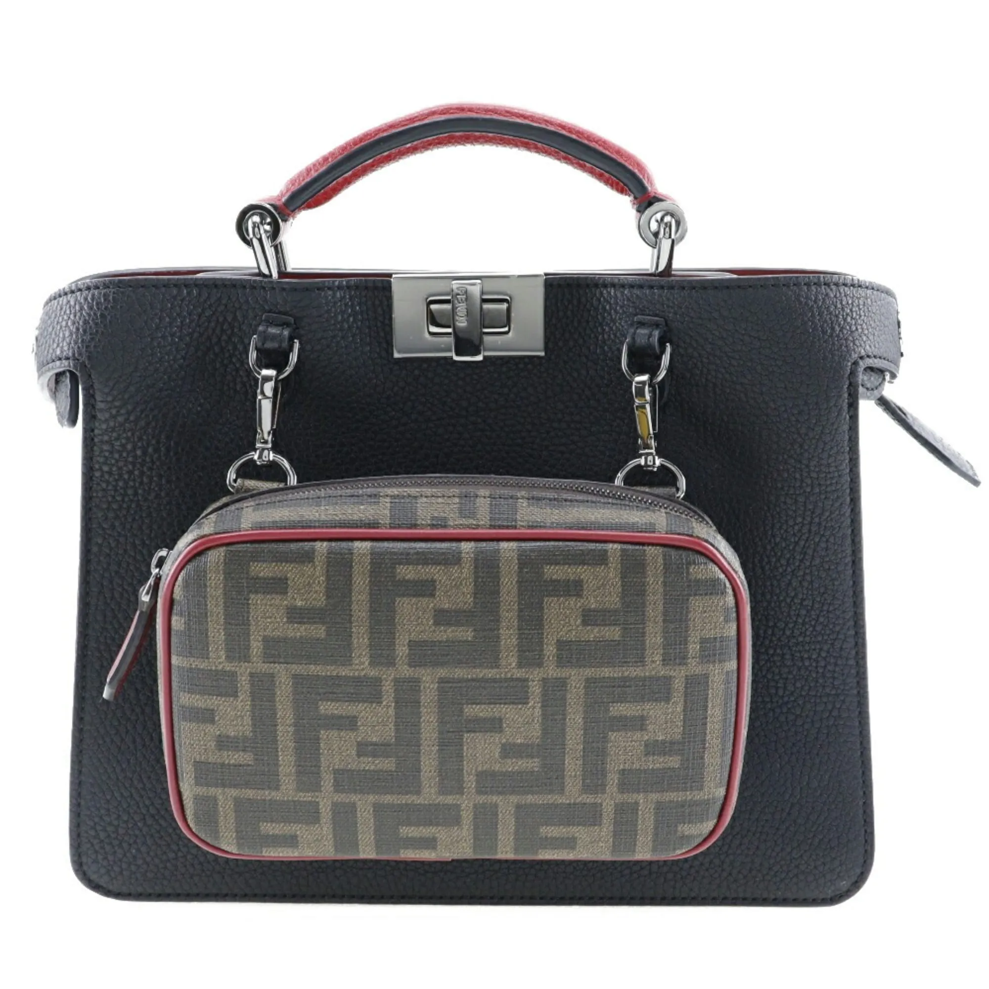 FENDI Peekaboo ISeeU Small Handbag Zucca 7VA530 Calf Made in Italy Black/Red Turnlock Women's