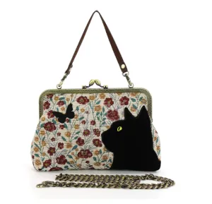 Floral Black Cat Kiss Lock Bag In Cotton Fabric