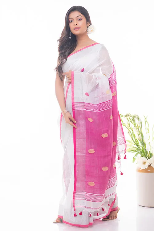 Flowing & Graceful. Soft Handwoven Bengal Linen Saree - Pink Buti