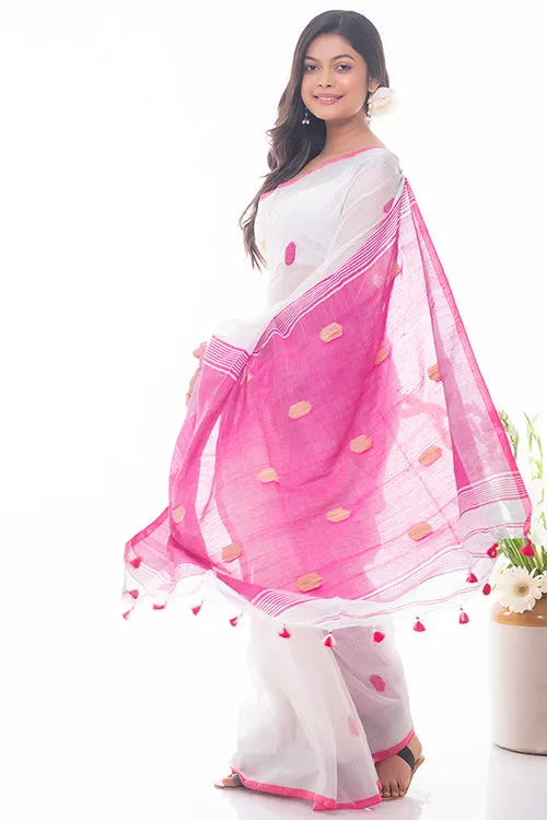 Flowing & Graceful. Soft Handwoven Bengal Linen Saree - Pink Buti