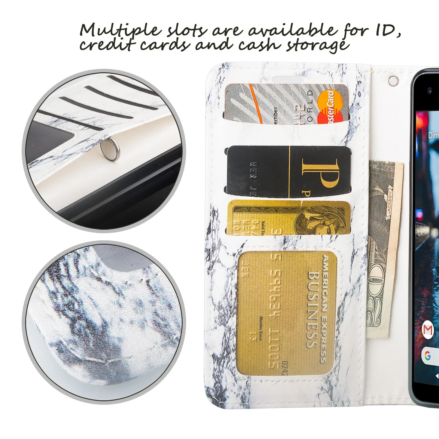 Google Pixel 2 Case, Pixel 2 Case, Slim Flip Folio [Kickstand] Pu Leather Wallet Case with ID & Card Slots & Pocket   Wrist Strap - Marble