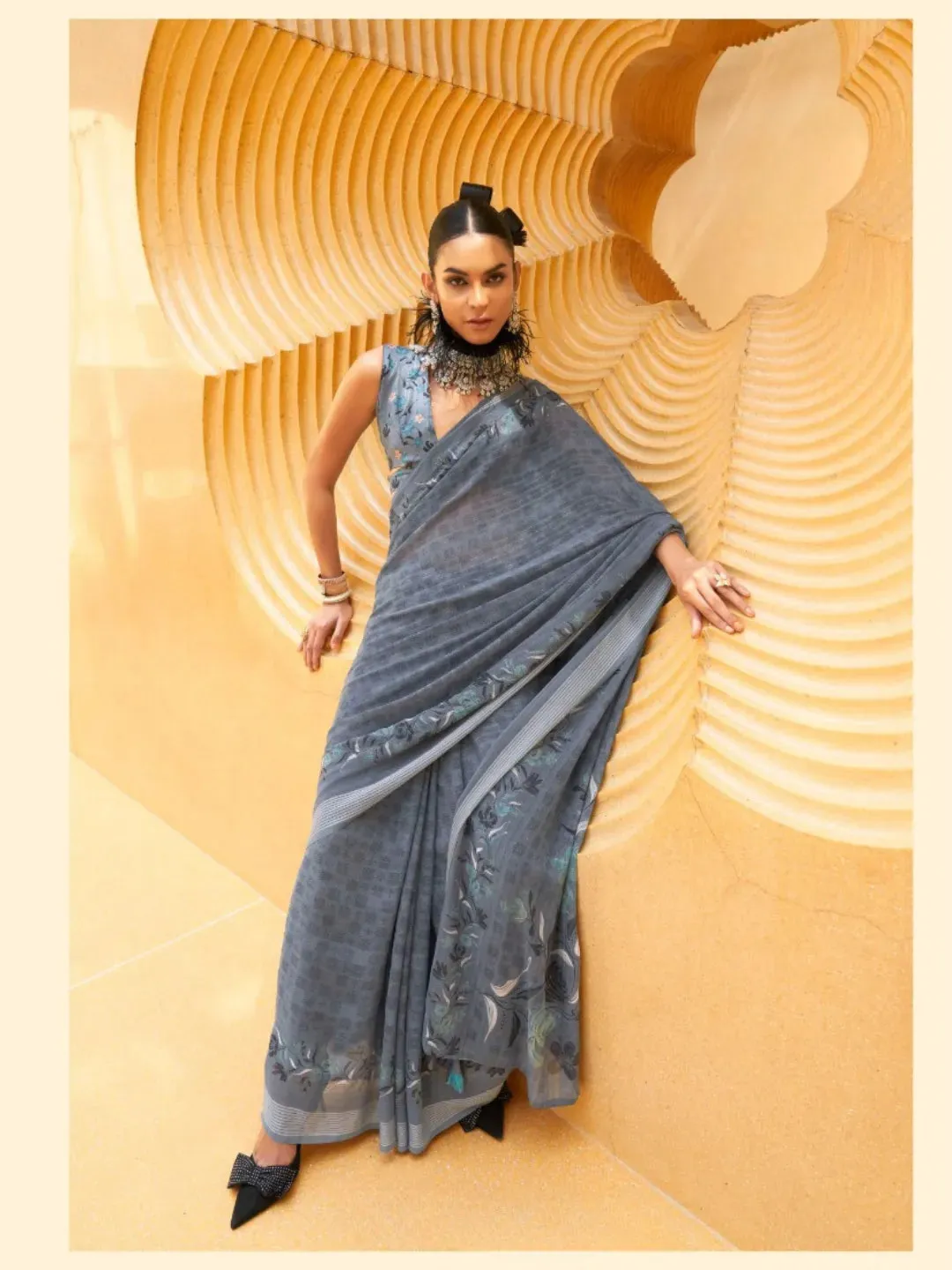 Graceful Grey Daani Georgette Printed Saree