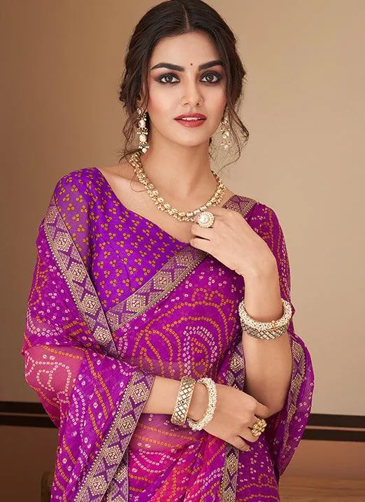 Graceful Purple & Pink Bandhani Chiffon Saree