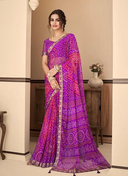 Graceful Purple & Pink Bandhani Chiffon Saree