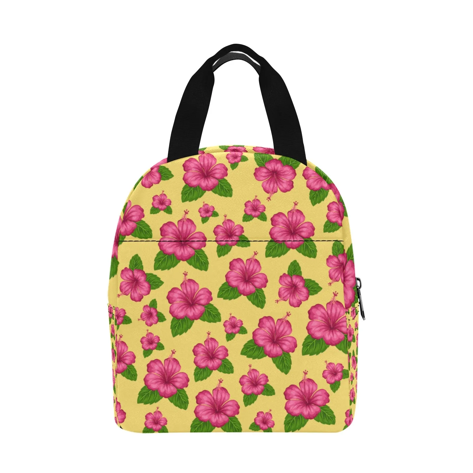 Graphic Pink Hibiscus Yellow Insulated Zipper Lunch Bag