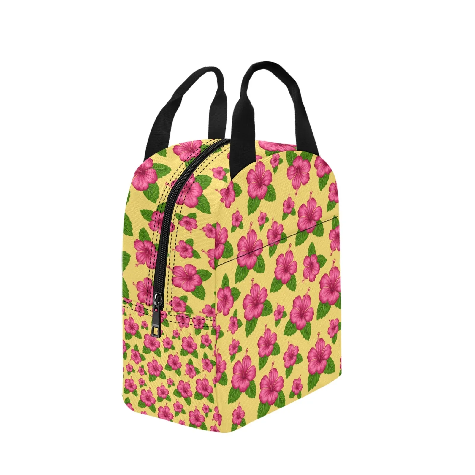 Graphic Pink Hibiscus Yellow Insulated Zipper Lunch Bag