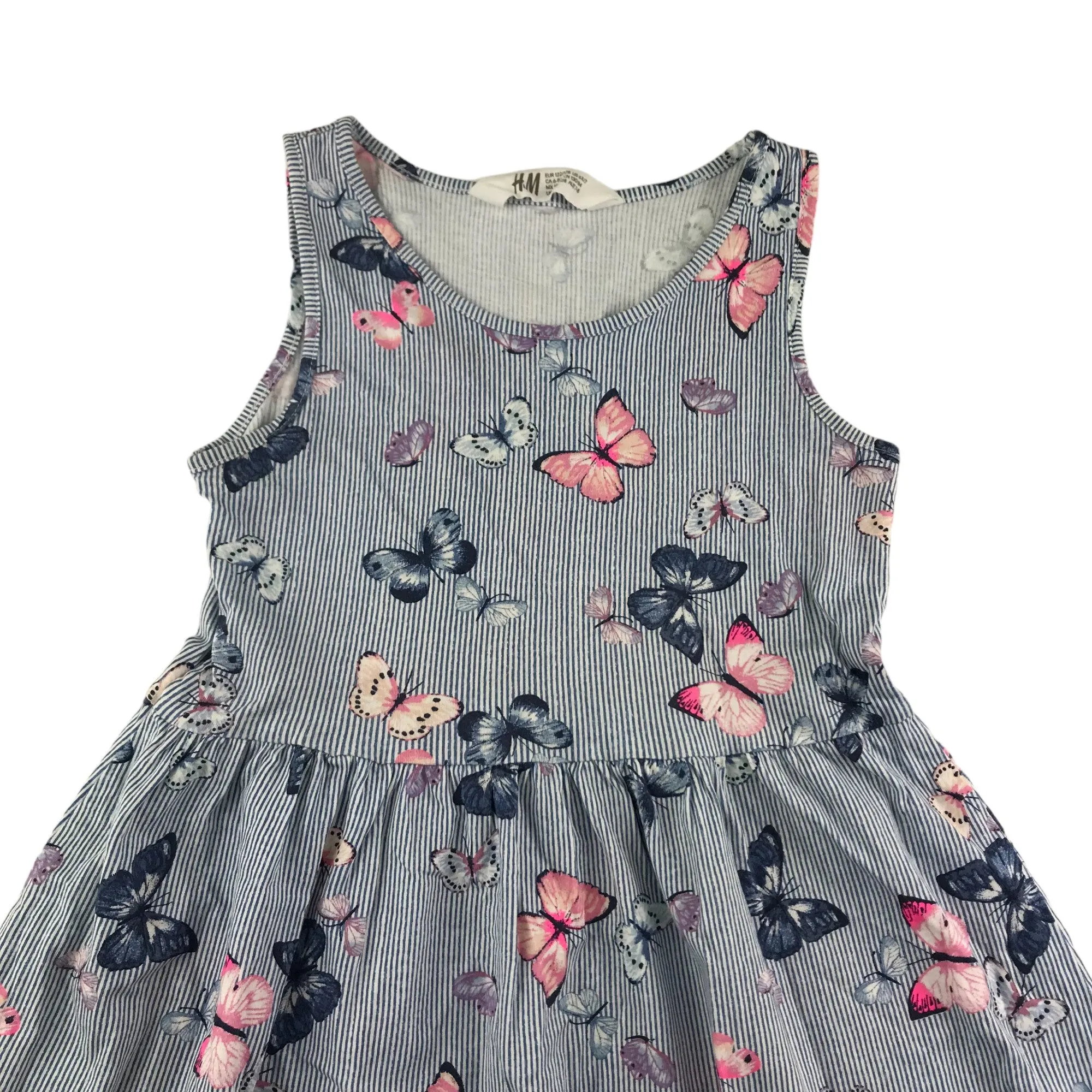 H&M Dress Age 7 Blue Stripe Butterfly Print Cotton