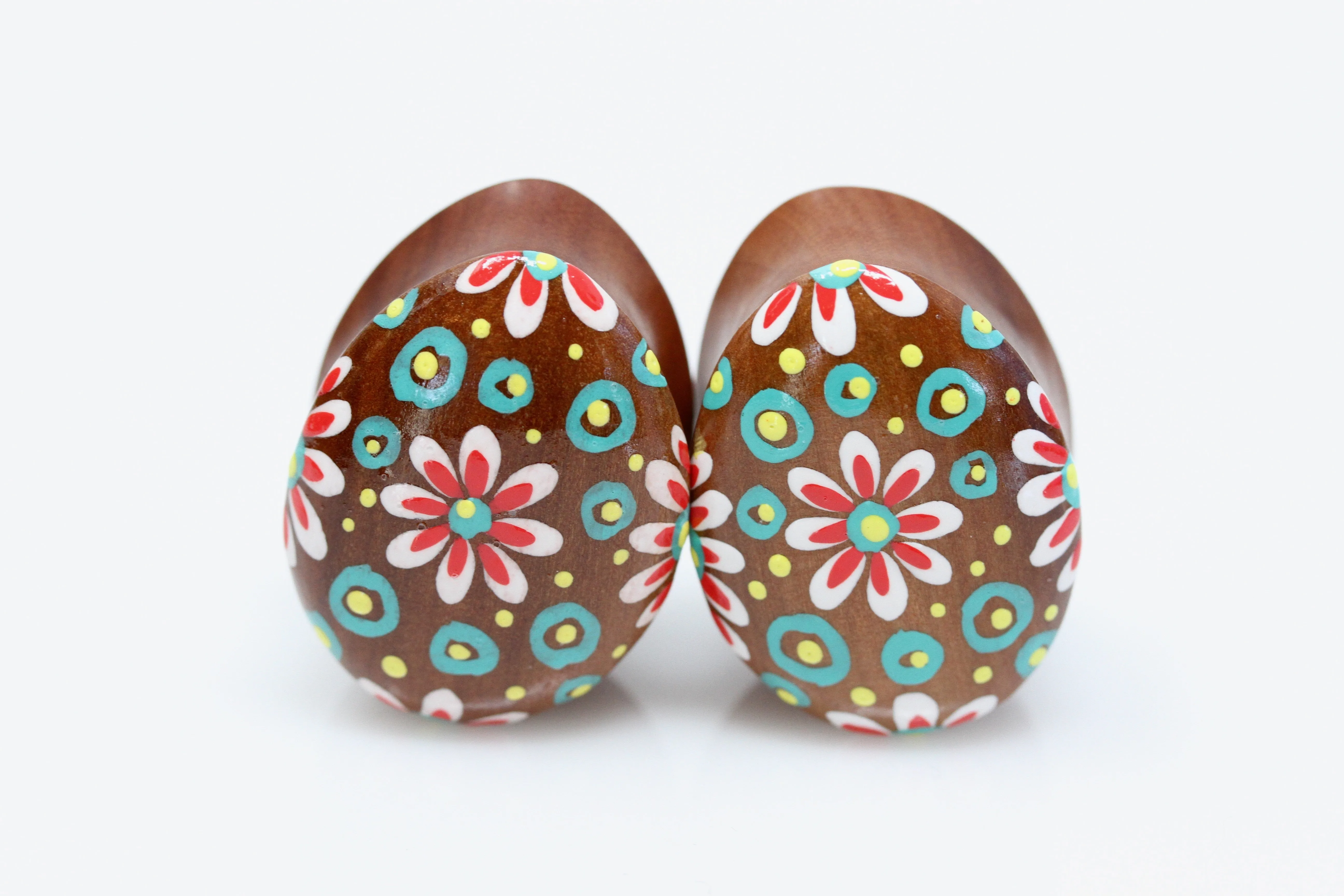 Hand painted Egg shape Wood Plugs - Flora (Pair) - PA139