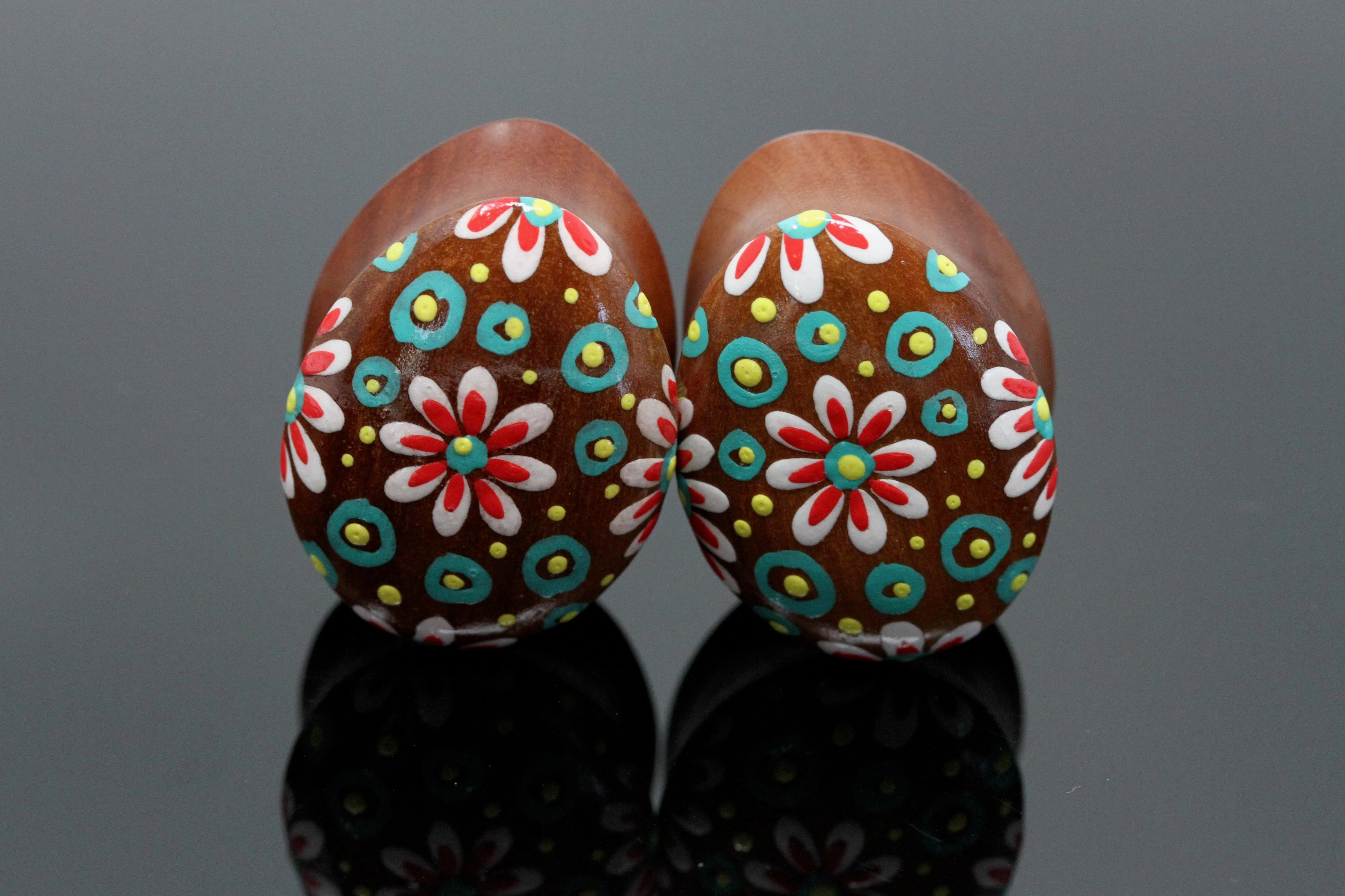 Hand painted Egg shape Wood Plugs - Flora (Pair) - PA139