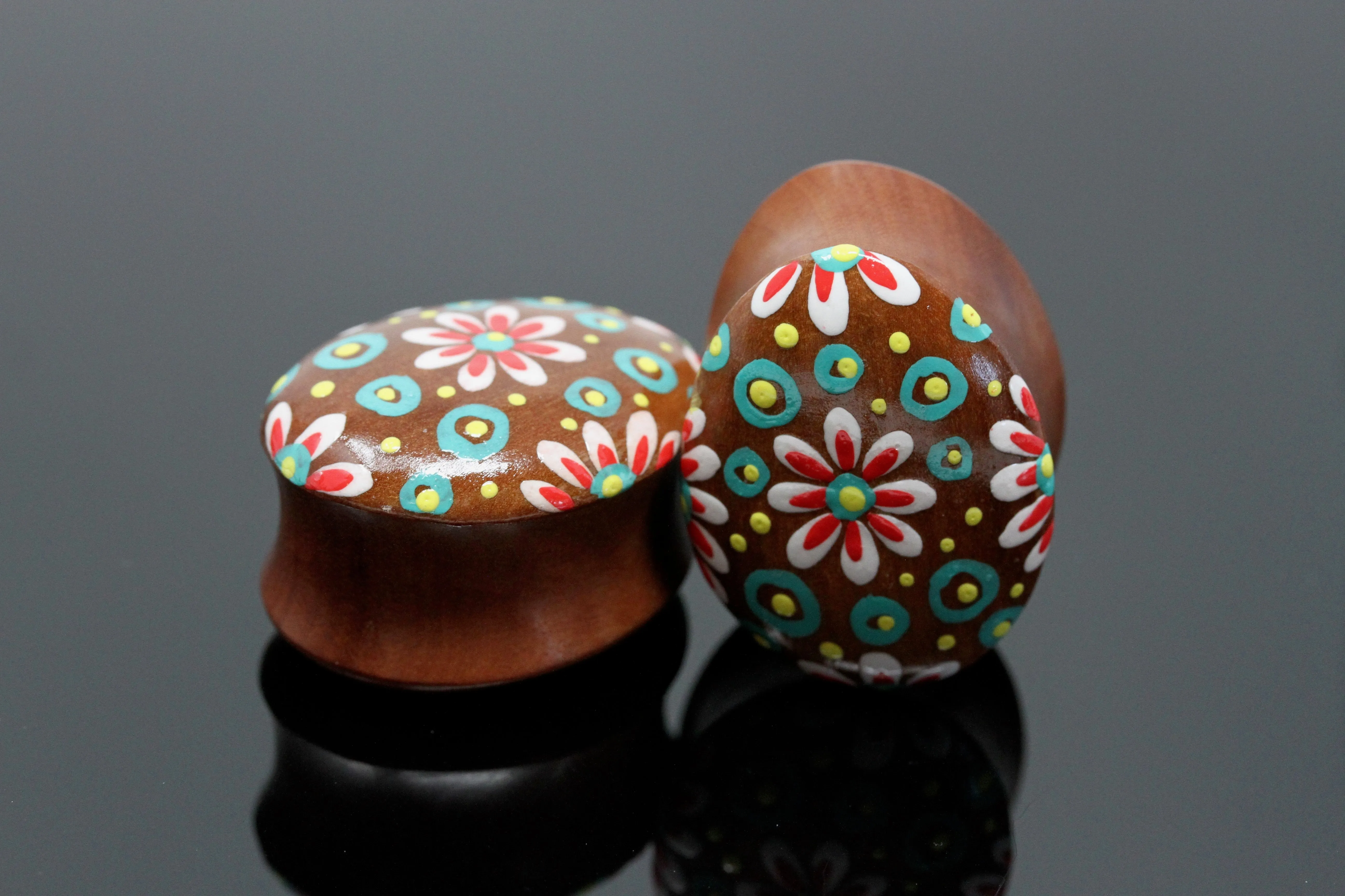 Hand painted Egg shape Wood Plugs - Flora (Pair) - PA139