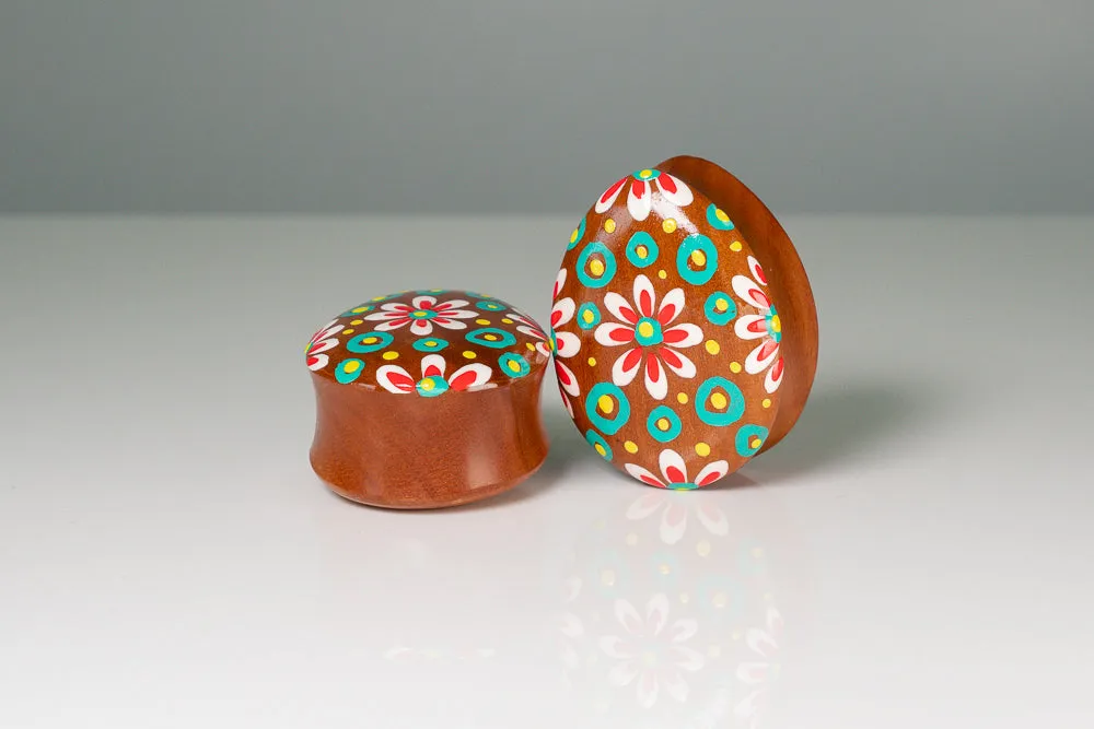 Hand painted Egg shape Wood Plugs - Flora (Pair) - PA139