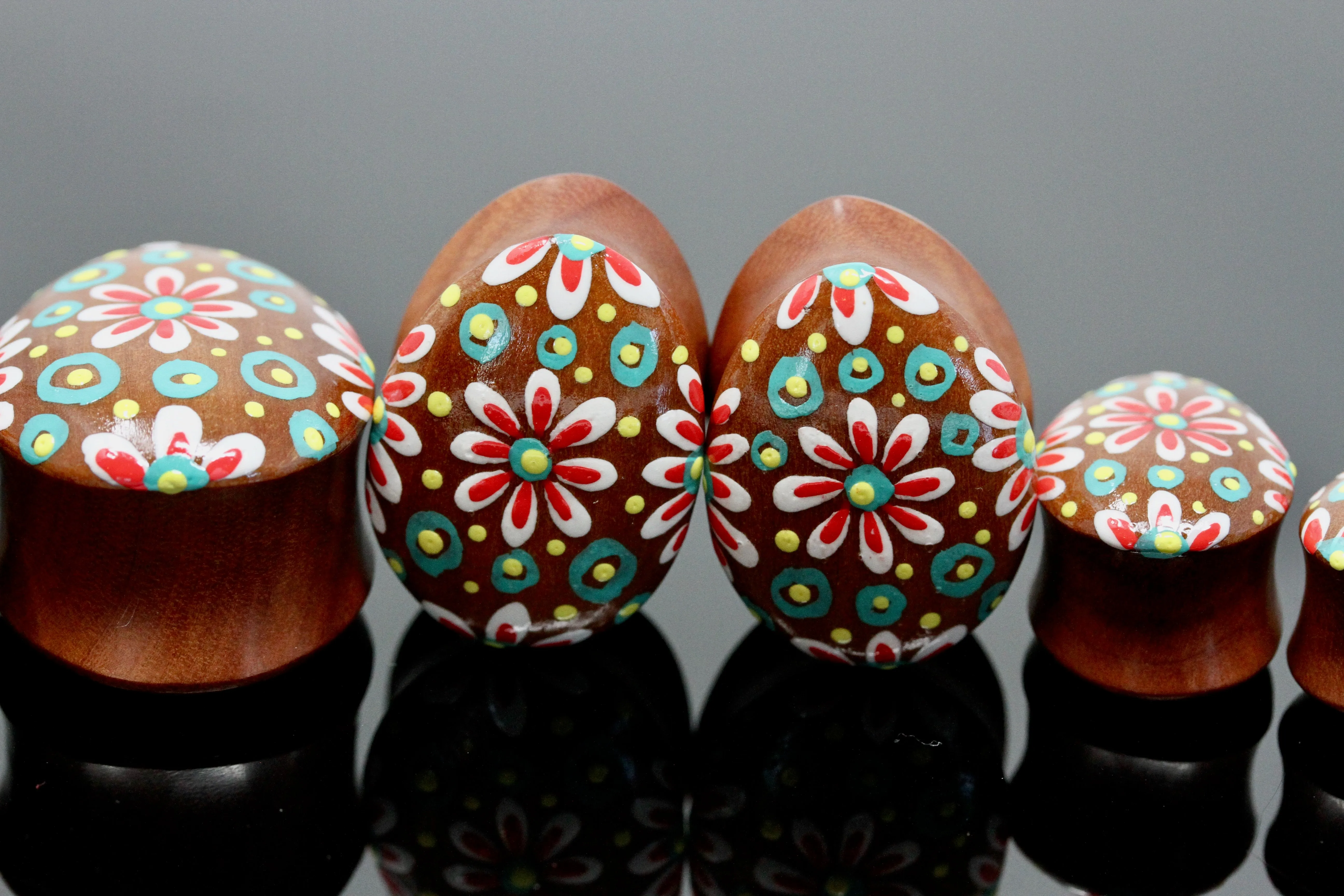 Hand painted Egg shape Wood Plugs - Flora (Pair) - PA139