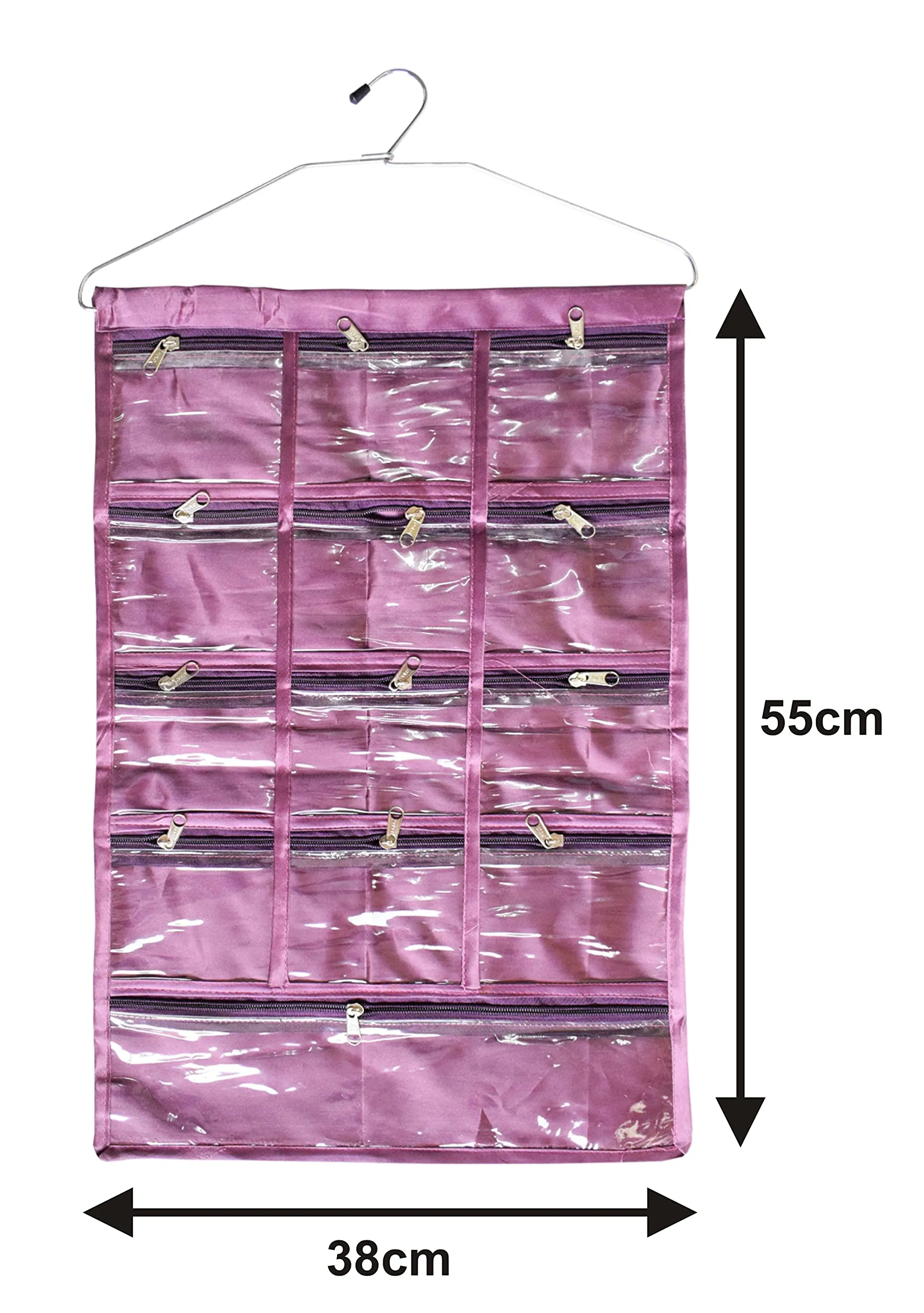 Heart Home 12 Small & 1 Large Zipper Pockets Hanging Jewellery Organizer Hanging Wall Pocket Storage Bag With Hanger (Purple)