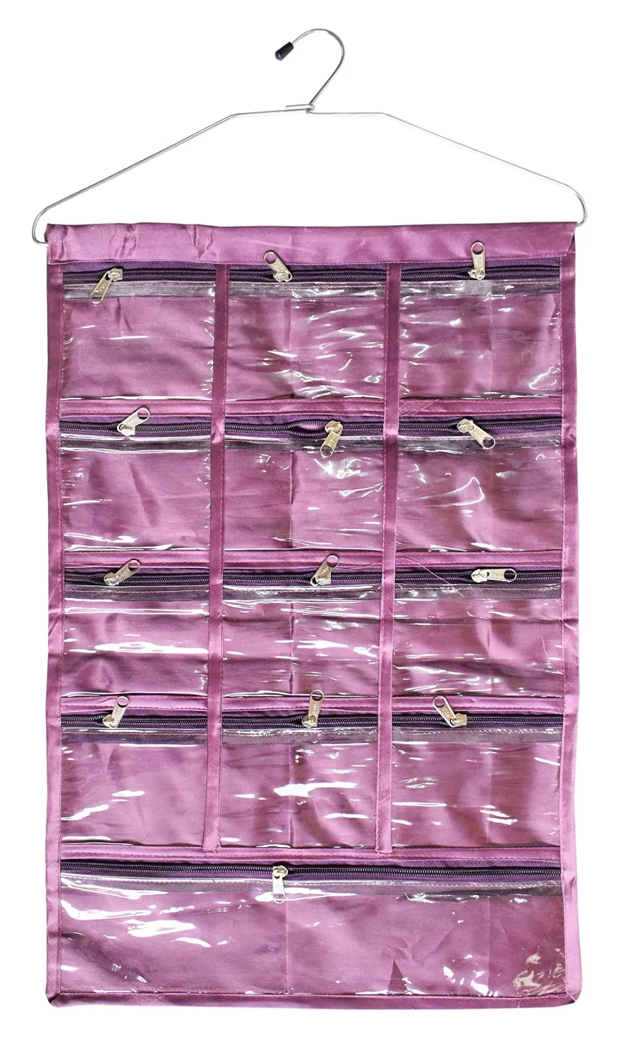 Heart Home 12 Small & 1 Large Zipper Pockets Hanging Jewellery Organizer Hanging Wall Pocket Storage Bag With Hanger (Purple)