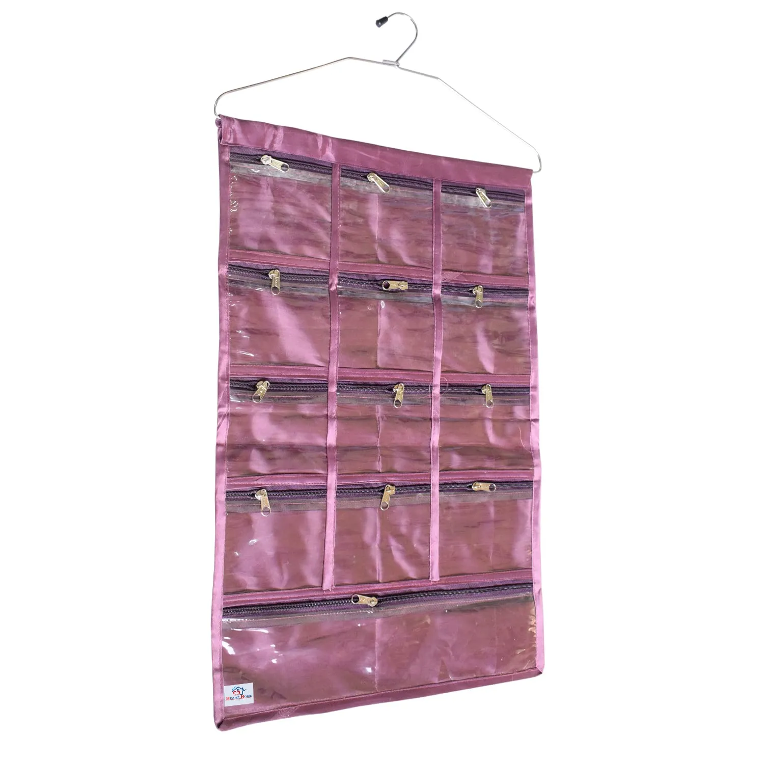 Heart Home 12 Small & 1 Large Zipper Pockets Hanging Jewellery Organizer Hanging Wall Pocket Storage Bag With Hanger (Purple)