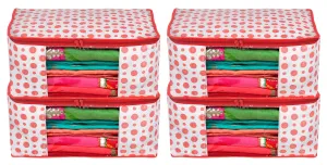 Heart Home Dot Printed Non-Woven Saree Cover, Cloth Organizer, Wardrobe Organiser With Tranasparent Window- Pack of 4 (Pink)-46HH0482