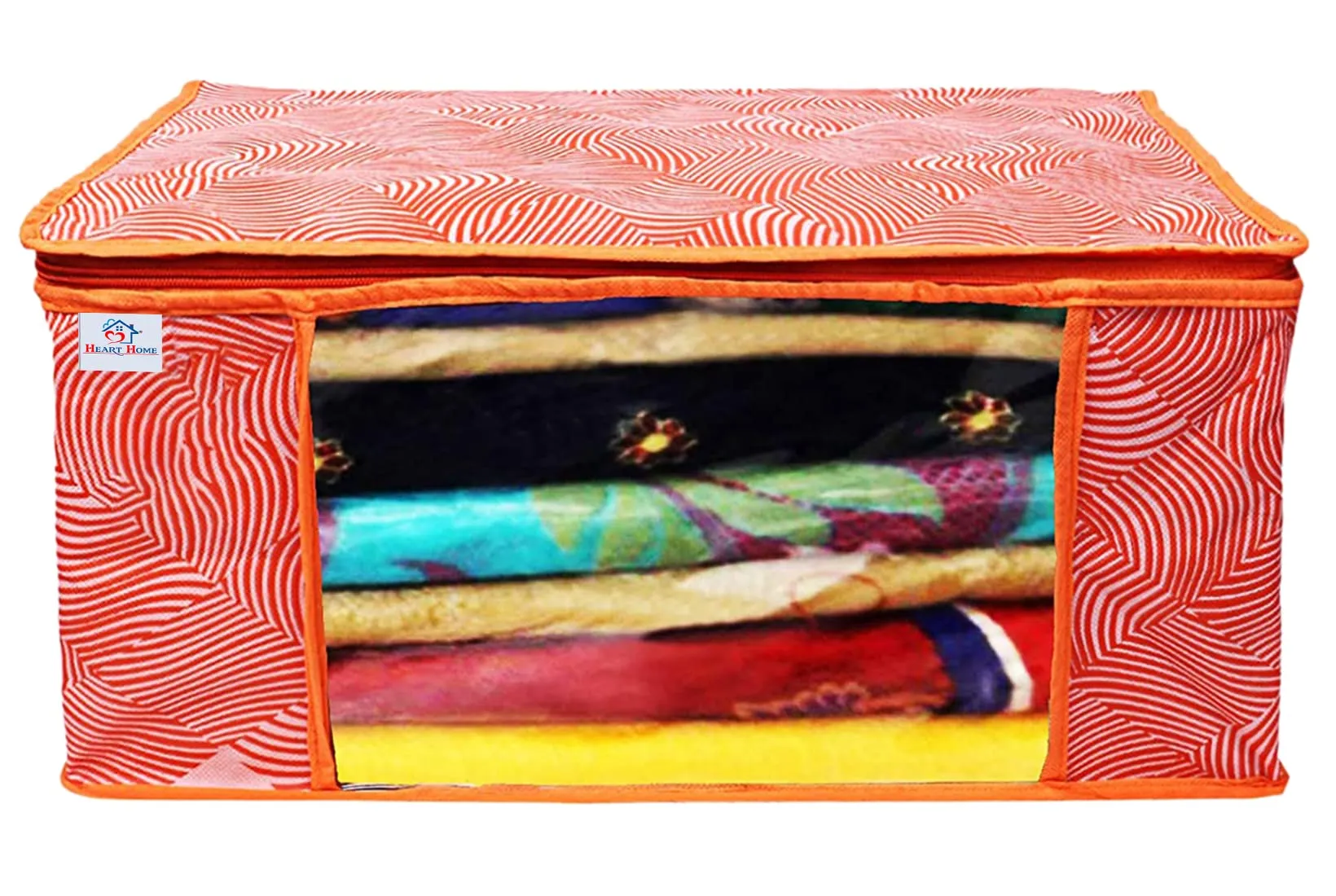 Heart Home Lahariya Design Non-woven Foldable Saree Cover/Clothes Storage Bag/Wardrobe Organizer With Transparent Window- Pack of 9 (Orange)-44HH0381